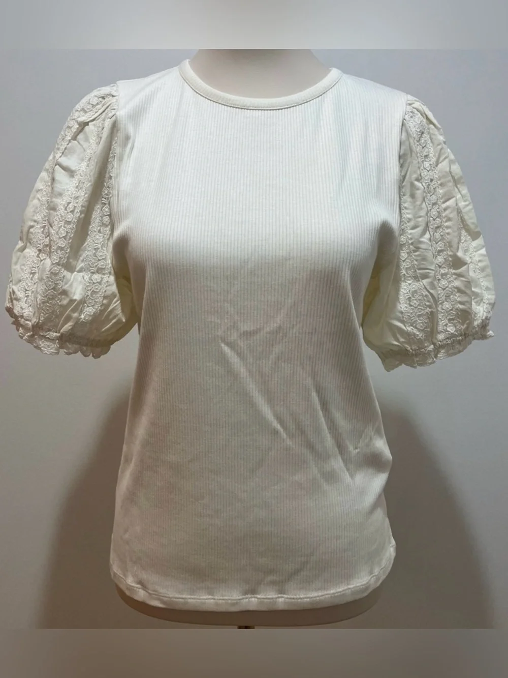 J. Crew Vintage Rib Top with Lace Puff Sleeves in Natural